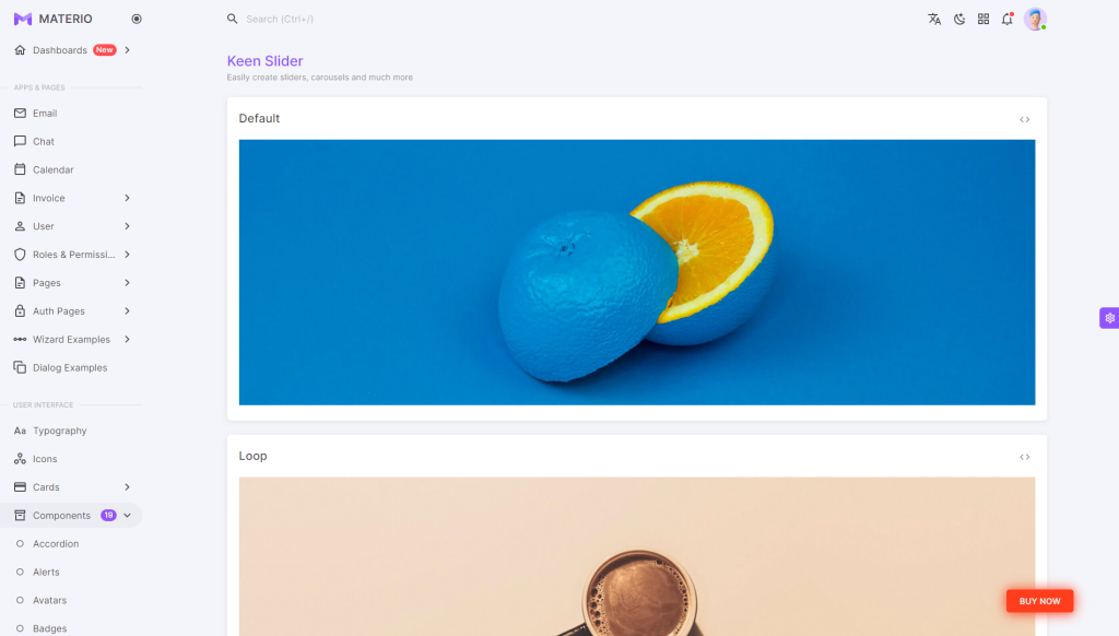Keen React Carousel component in Materio MUI React Next JS admin Template. 