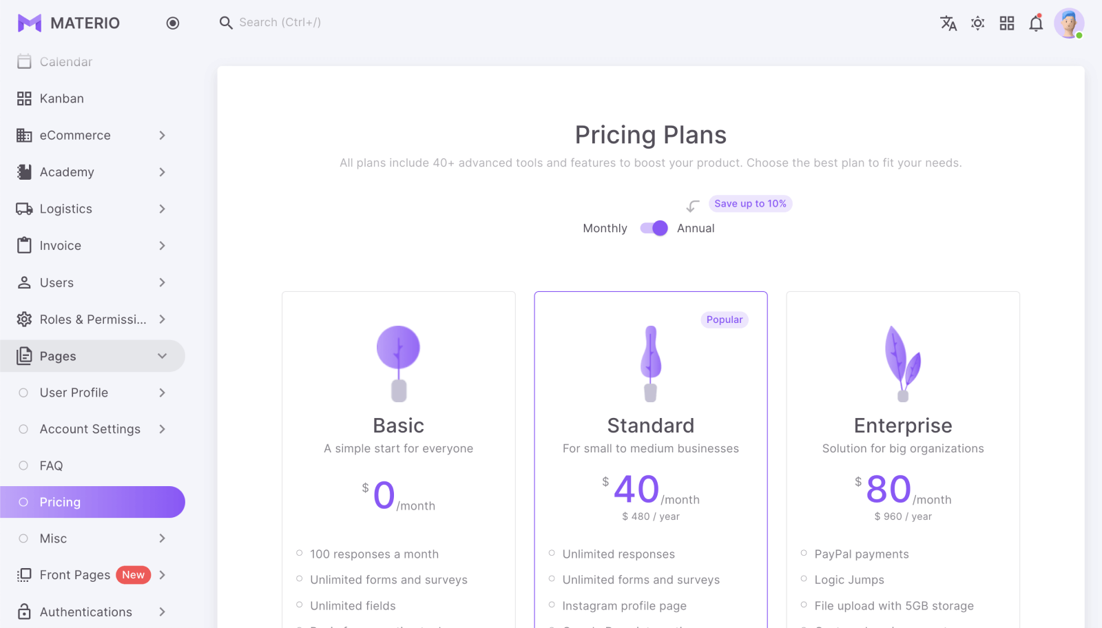 materio mui react admin template